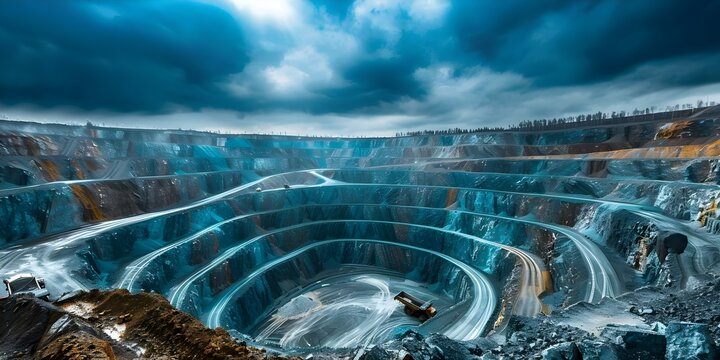 Large-Scale Quarry Mining of High-Grade Iron Ore. Concept Iron ore extraction, Industrial mining process, Quarry equipment, Mineral processing techniques, Economic impact