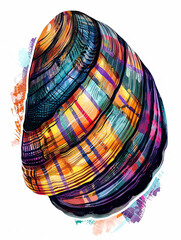 Cute Mussel with colorful patchwork geometric pattern and abstract elements on white background for clothing design, textiles, posters, paintings, souvenirs, packaging, baby products, website