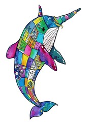 Cute Narwhal with colorful patchwork geometric pattern and abstract elements on white background for clothing design, textiles, posters, paintings, souvenirs, packaging, baby products, website