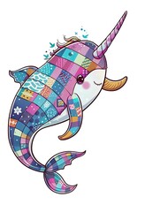 Cute Narwhal with colorful patchwork geometric pattern and abstract elements on white background for clothing design, textiles, posters, paintings, souvenirs, packaging, baby products, website