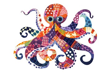 Obraz premium Cute Octopus with colorful patchwork geometric pattern and abstract elements on white background for clothing design, textiles, posters, paintings, souvenirs, packaging, baby products, website