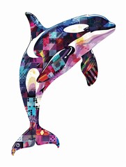 Cute Orca with colorful patchwork geometric pattern and abstract elements on white background for clothing design, textiles, posters, paintings, souvenirs, packaging, baby products, website