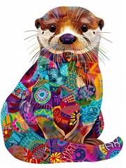 Cute Otter with colorful patchwork geometric pattern and abstract elements on white background for clothing design, textiles, posters, paintings, souvenirs, packaging, baby products, website
