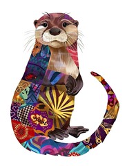 Cute Otter with colorful patchwork geometric pattern and abstract elements on white background for clothing design, textiles, posters, paintings, souvenirs, packaging, baby products, website