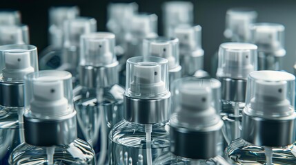 Advertising-ready shot of deodorant spray and roll-ons, from a top view, arranged neatly on an isolated backdrop, studio lights