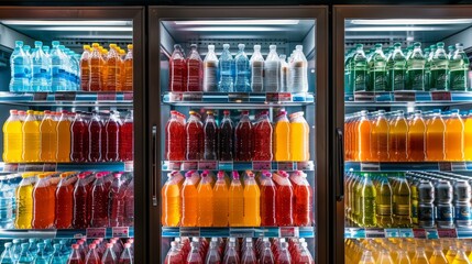 Advertising-ready close-up of chilled drinks in a supermarket fridge, isolated background for focus, under precise studio lighting