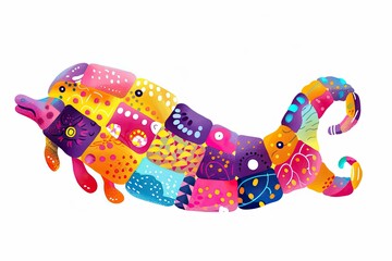 Cute Sea cucumber with colorful patchwork geometric pattern and abstract elements on white background for clothing design, textiles, posters, paintings, souvenirs, packaging, baby products, website
