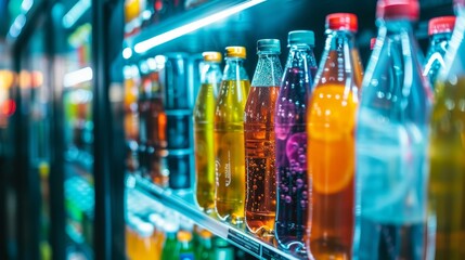 Advertising-ready close-up of chilled drinks in a supermarket fridge, isolated background for focus, under precise studio lighting