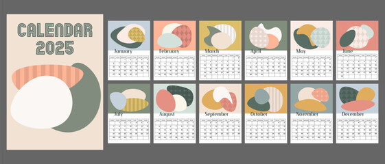 2025 calendar template with abstract spotted elements in minimalistic style with space for notes.Week starts on Monday.Modern printing calendar for 12 months and cover in A4,A3,A2,A6 format. Gray back