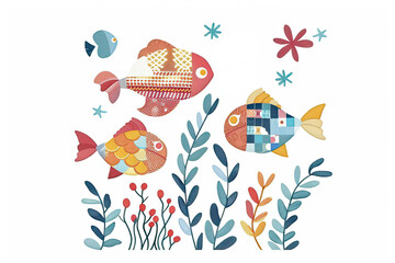 Cute seaweed with fish with colorful patchwork geometric pattern and abstract elements on white background for clothing design, textiles, posters, paintings, souvenirs, packaging, baby products
