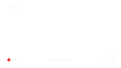 Camera recording screen overlay on transparent background, mirrorless cam viewfinder frame animation template, digital video recorder user interface display with setting for production design