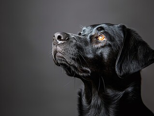 A Labrador Retriever gazing upward, ears perked, capturing a moment of curiosity and attention, great for training schools