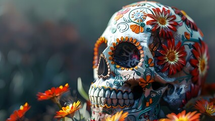 Obraz premium Computer-Generated Hyperrealistic Dia de Los Muertos Calavera Sugar Skull with Flowers. Concept Dia de Los Muertos, Calavera, Sugar Skull, Hyperrealistic, Flowers