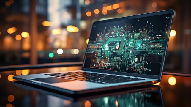 Laptop with app code, responsive website layout on mobile, coding technology