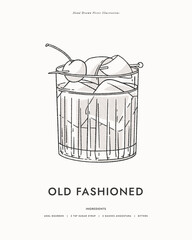 Old fashioned. Alcoholic cocktail decorated with orange peel and cherry on skewer. Homemade cocktail with ice cubes. Illustration for drinks cards, bar and wedding menus, cards and website graphics.