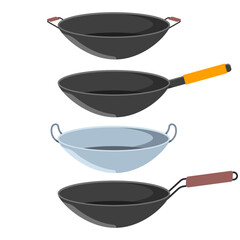 Wok fry pans vector cartoon set isolated on a white background.