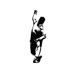 Cricket player, bowler throwing, isolated vector silhouette, team sport athlete