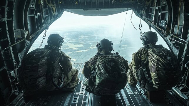 Special forces paratroopers descend from an aircraft, ready for deployment in a strategic military operation.