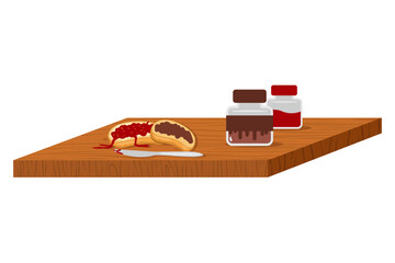 Sandwiches with chocolate pasta and jam and cooking knife on a wooden cutting board vector illustration isolated on a white background.