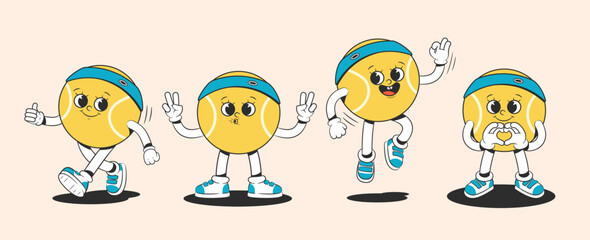 Cartoon groovy tennis ball character in groovy style in different poses. Characters from the 30s. Funny colorful illustration in hippie style.