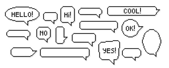 Speech bubbles of various shapes in the pixel art style. Set of empty pixelated speech bubbles with text. Vector illustration on a white background.