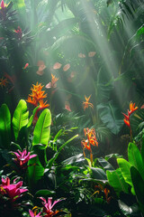 Obraz na płótnie Canvas Rainforest jungle with colorful flowers for background