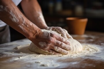 Close-up of a male baker's hands kneading dough on a large wooden table sprinkled with flour in a bakery, restaurant kitchen.