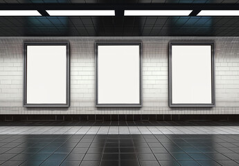 Billboards on underground wall Mockup. Vertical hoardings template in subway station. Generative Ai