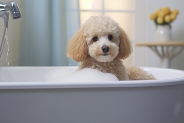 Cute poodle in a bubble bath. Bathing a decorative dog in a white basin filled with water.