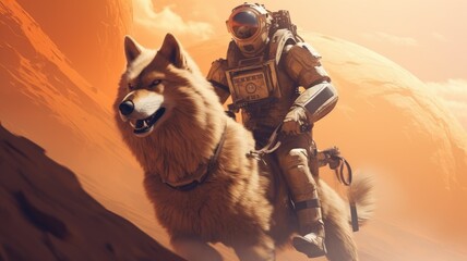 An image of astronaut riding a large wolf on an alien planet, digital art. Sci-fi and fantasy concept, ideal for game art, and movie posters. Professional spaceman explore planet with dog. AIG35.