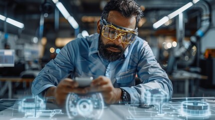 A diverse professional engineer sitting at a table with drawings, using augmented reality on a mobile device to display digital twin engineering of an HVAC system. Generative AI.