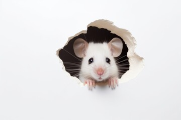 A mouse has gnawed a hole in a white wall and is peering out. A cute rodent looks out of the hole with curiosity.
