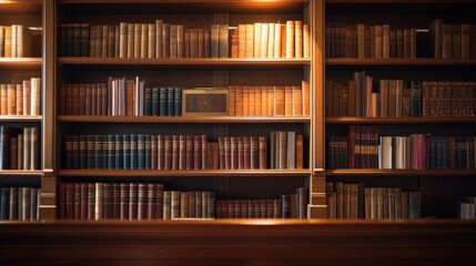 A cozy library illuminated by dim lights. Shelves with a variety of books, printed publications.