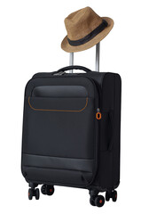 Hat on suitcase. Prepare equipment for traveling. Luggage element cut out