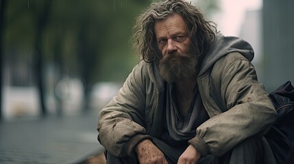 Fototapeta premium An elderly homeless man in old dirty clothes sits on the ground on a city street. An expression of longing and hopelessness on the beggar male's face.