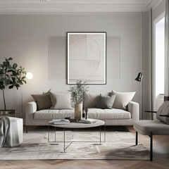 Minimalist Scandinavian living room with an emphasis on clean lines, functionality, and subtle elegance.