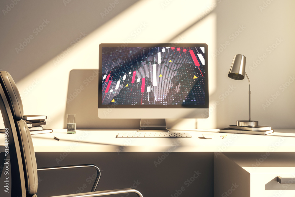 Poster Abstract creative financial graph with world map on modern laptop screen, forex and investment concept. 3D Rendering