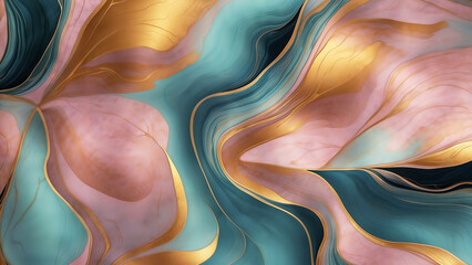 soft pastel pink and turquoise abstract marble texture wallpaper with gold accents.