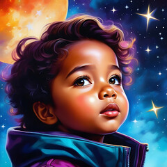 Oil painting. Boy in the night. Beautiful colored sky decorated with twinkling stars. Orange planet in the