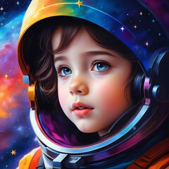 Oil painting. А child in a space suit at night. Beautiful colored sky decorated with twinkling stars.