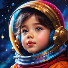 Oil painting. А child in a space suit at night. Beautiful colored sky decorated with twinkling stars.