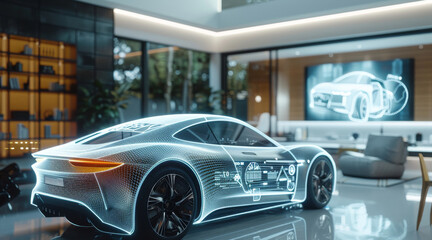 The way the future will work. In a bright, open living room, a person interacts with virtual screens and objects. The screens display 3D model data of automotive components. Generative AI.