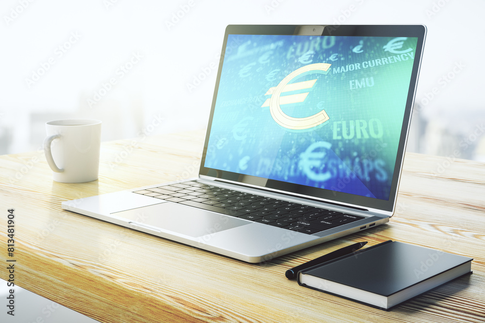 Poster creative euro symbols illustration on modern computer monitor, forex and currency concept. 3d render