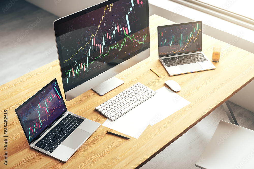 Poster abstract creative financial graph on modern laptop screen, forex and investment concept. 3d renderin