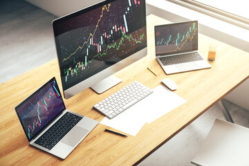 Abstract creative financial graph on modern laptop screen, forex and investment concept. 3D...