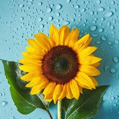 Creative floral concept. Sunny big sunshine yellow sunflowerS. sunflowers with leaf leaves on sky blue background with rain water droplet. Mock up presentation. copy text space. top view, flat lay