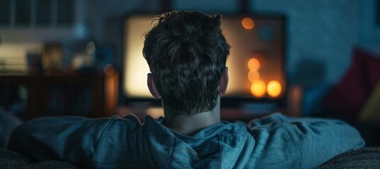 Fototapeta premium Man relaxing on sofa watching large led tv in living room with empty space for copy or text