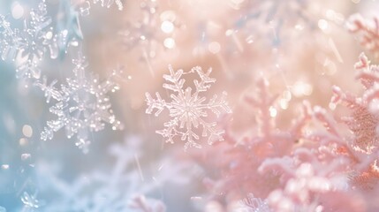 Pastel Snowflake Symphony: a magical winter scene with soft pastel snowflakes, twinkling stars, and a touch of holiday enchantment in a light and airy portrait format.