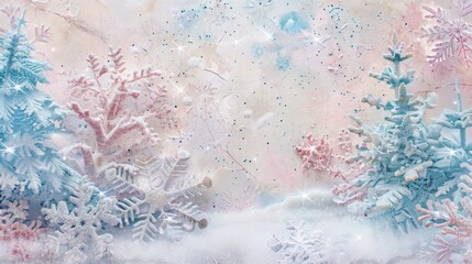 Pastel Snowflake Symphony: a magical winter scene with soft pastel snowflakes, twinkling stars, and a touch of holiday enchantment in a light and airy portrait format. 