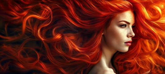 Beautiful red haired model showcasing her stunning, glossy, and silky long hair for modeling